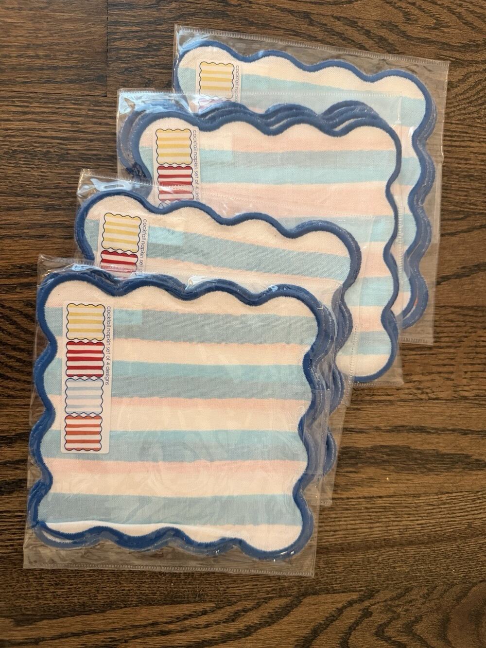 Cotton Scalloped Colorful Striped Set Of 16 Cocktail Napkins NWT